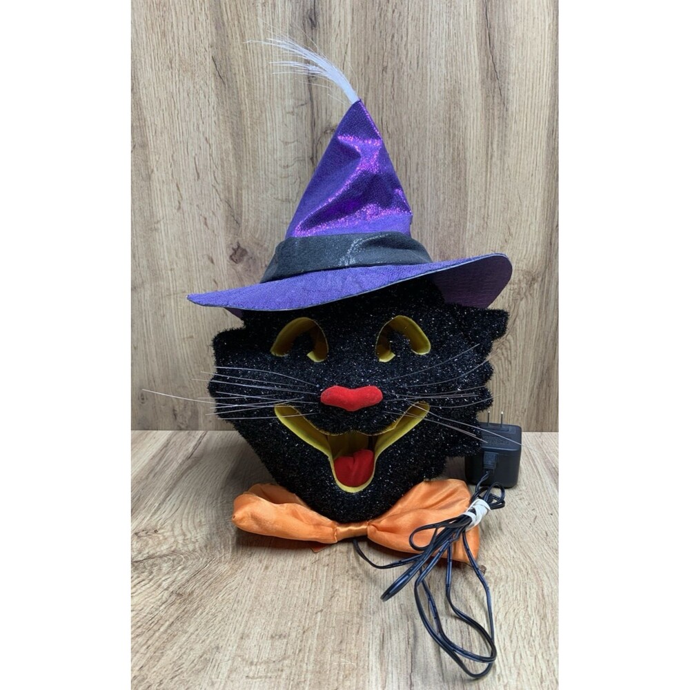 Halloween Black Cat Witch Fiber Optic Lighted Decoration Purple Hat 12V